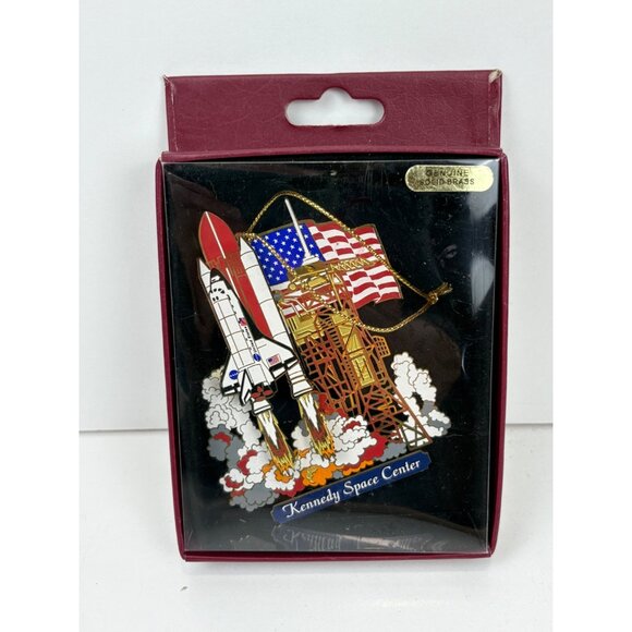 J.P. Kennedy Space Center Solid Brass Ornament With Shuttle & Flag - Picture 1 of 6